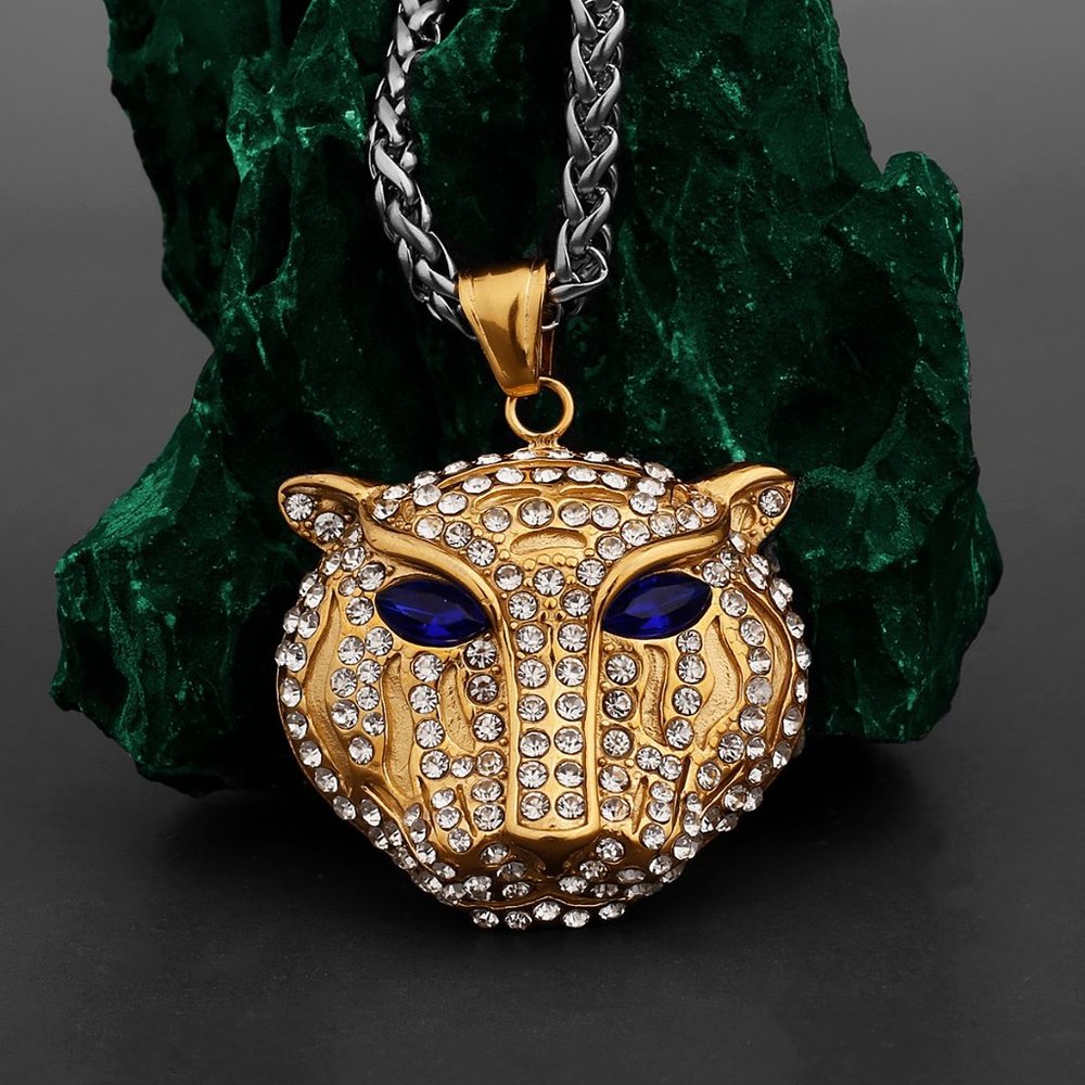 "Gold Diamond Blue Eye Panther Stainless Steel Pendant Necklace, GP1231067 - Picture 6 of 8